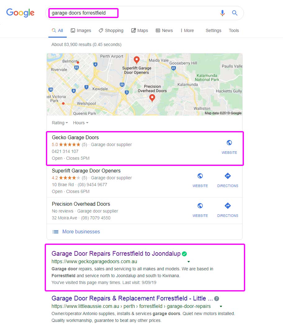 Google search page rank example showing website organic listings