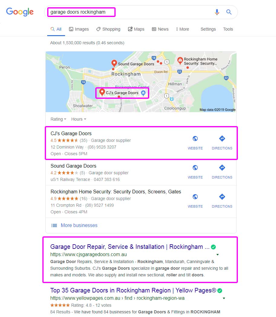 Google search page rank example showing website organic listings