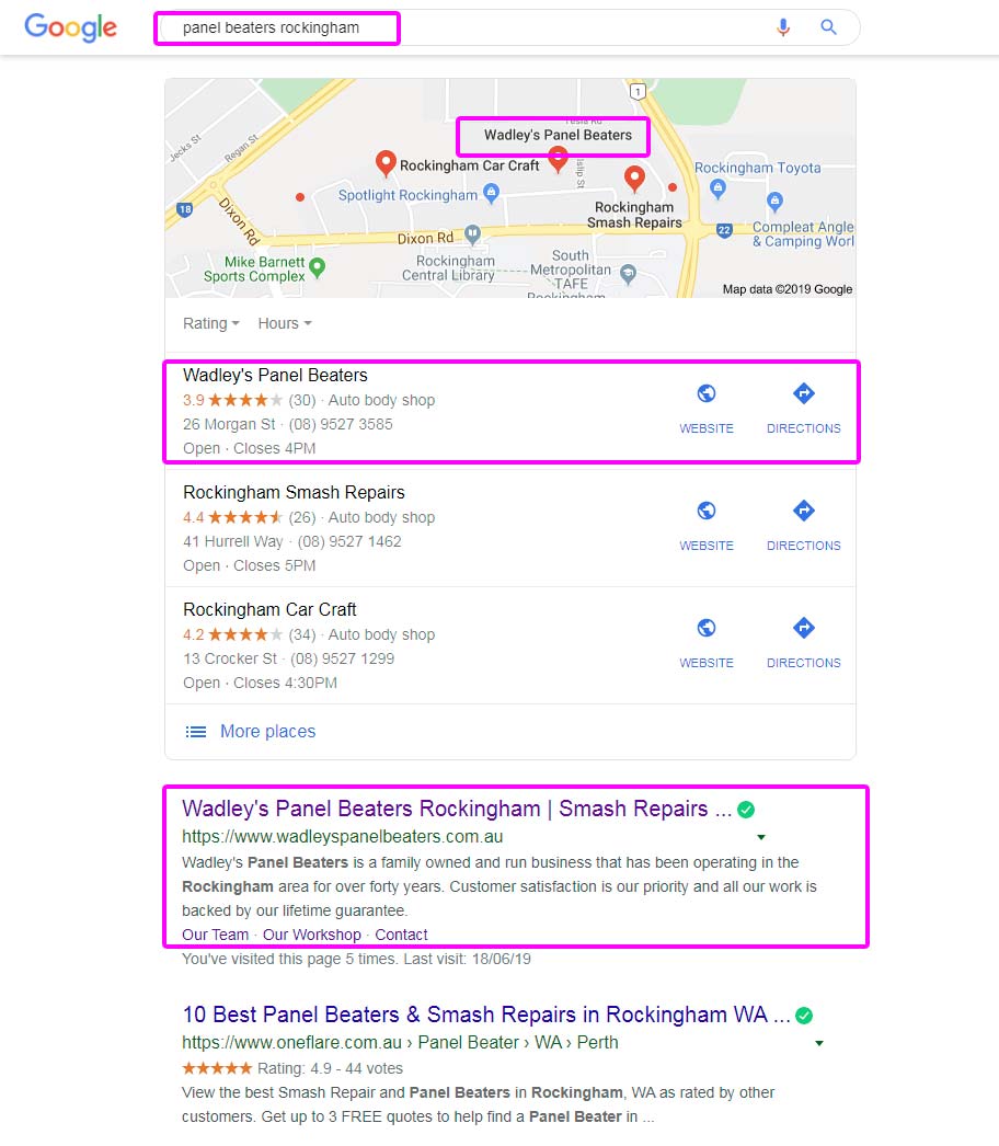Google search page rank example showing website organic listings